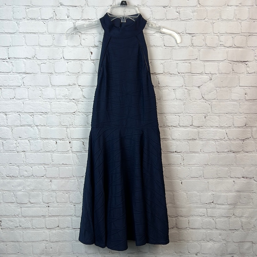 B Darlin Navy Textured Halter Fit & Flare Dress Juniors Size 3/4 Homecoming Prom - Picture 3 of 7